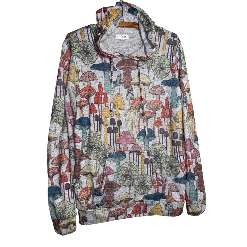 LA Soul Mushroom M Print Hoodie Gray Cotton Blend Botanical Pullover